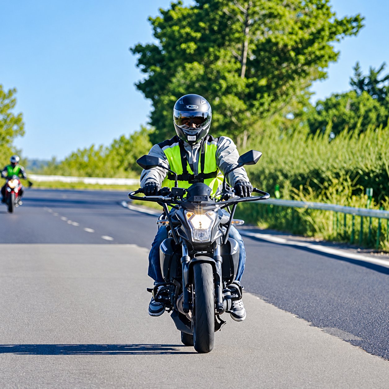 Un motard casqué portant un gilet jaune fluo roule sur une route bordée de végétation, avec une autre moto visible au loin.